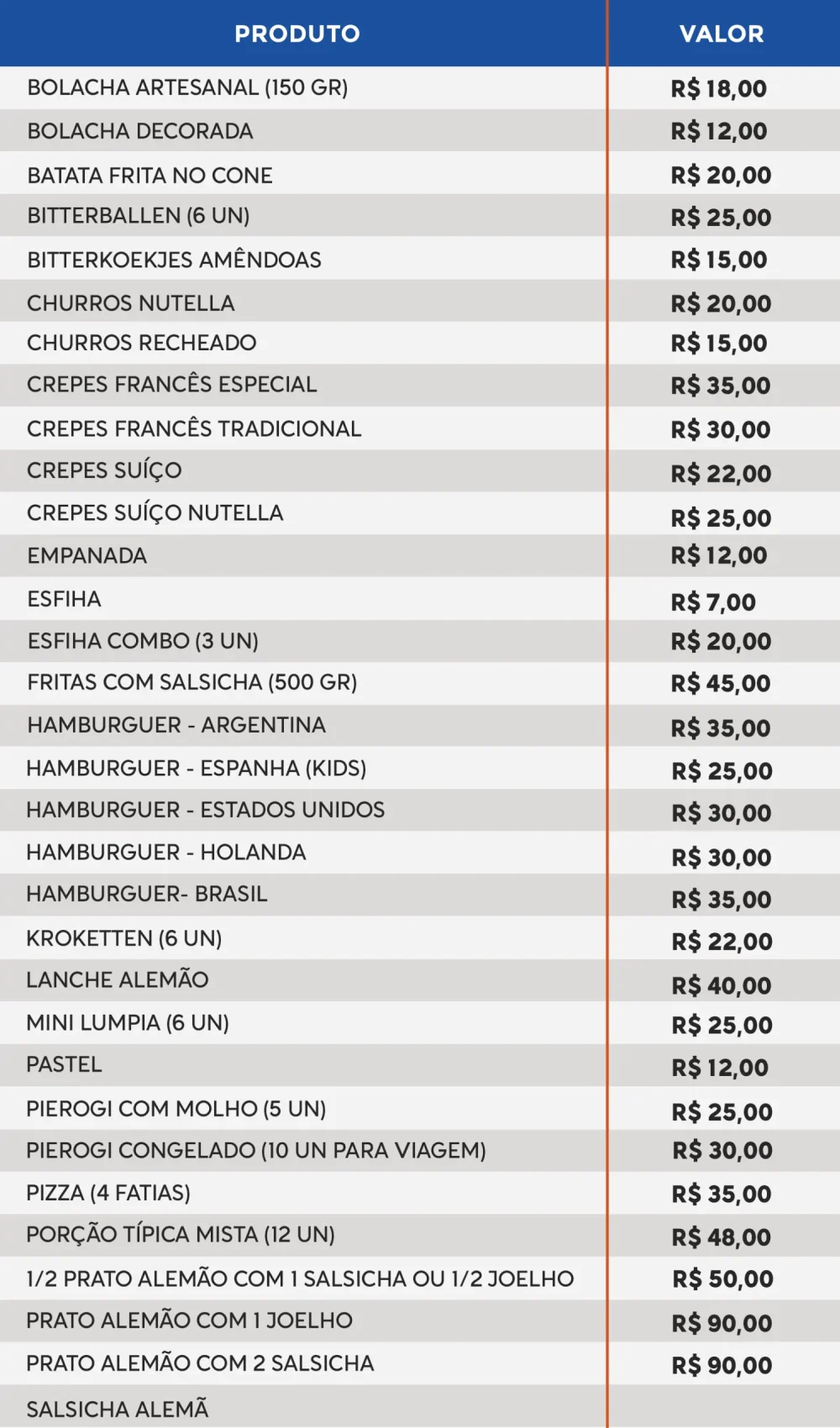 CARDÁPIO PRODUTOS 11ª FESTA DOS IMIGRANTES MPHC